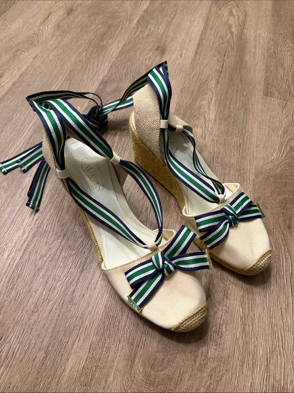 Lauren Ralph Lauren Hollie Espadrille Wedge Sandals Navy Green Striped Ties 8